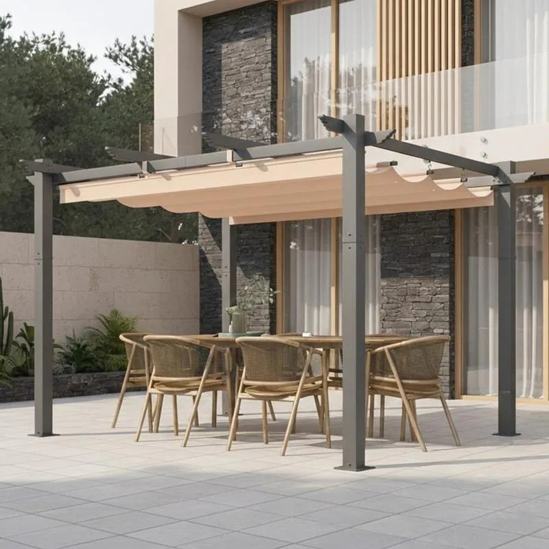 Outdoor Pergola with Retractable Canopy, Heavy-Duty Metal Frame and Adjustable Patio Shade Roof