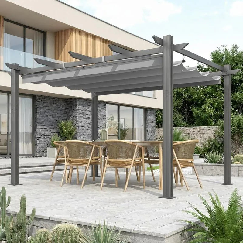 Outdoor Pergola with Retractable Canopy, Heavy-Duty Metal Frame and Adjustable Patio Shade Roof