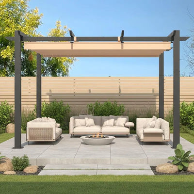 Outdoor Pergola with Retractable Canopy, Heavy-Duty Metal Frame and Adjustable Patio Shade Roof