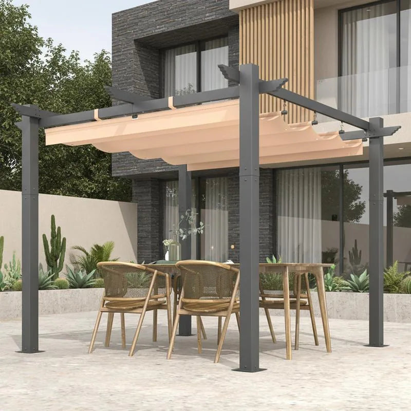 Outdoor Pergola with Retractable Canopy, Heavy-Duty Metal Frame and Adjustable Patio Shade Roof