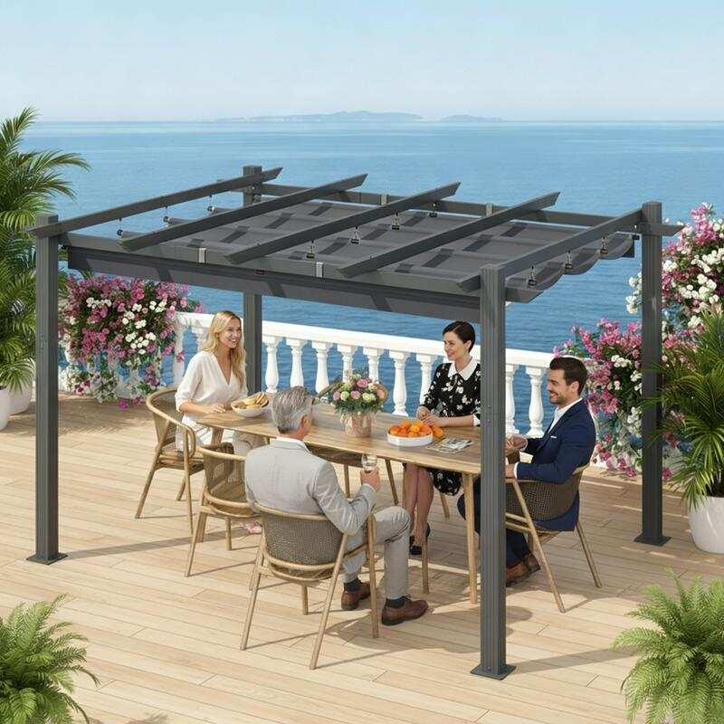 Outdoor Pergola with Retractable Canopy, Heavy-Duty Metal Frame and Adjustable Patio Shade Roof