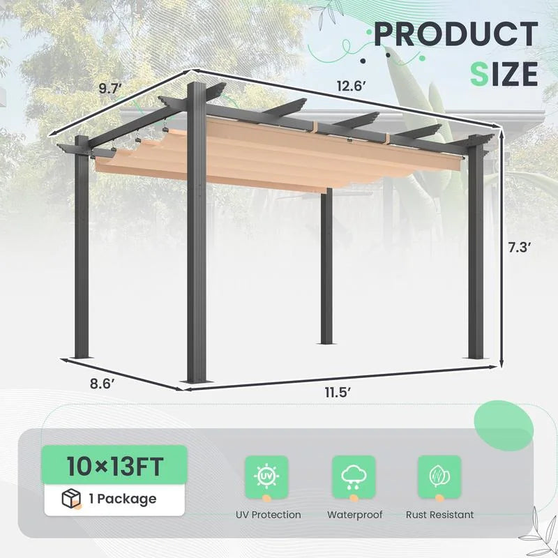 Outdoor Pergola with Retractable Canopy, Heavy-Duty Metal Frame and Adjustable Patio Shade Roof