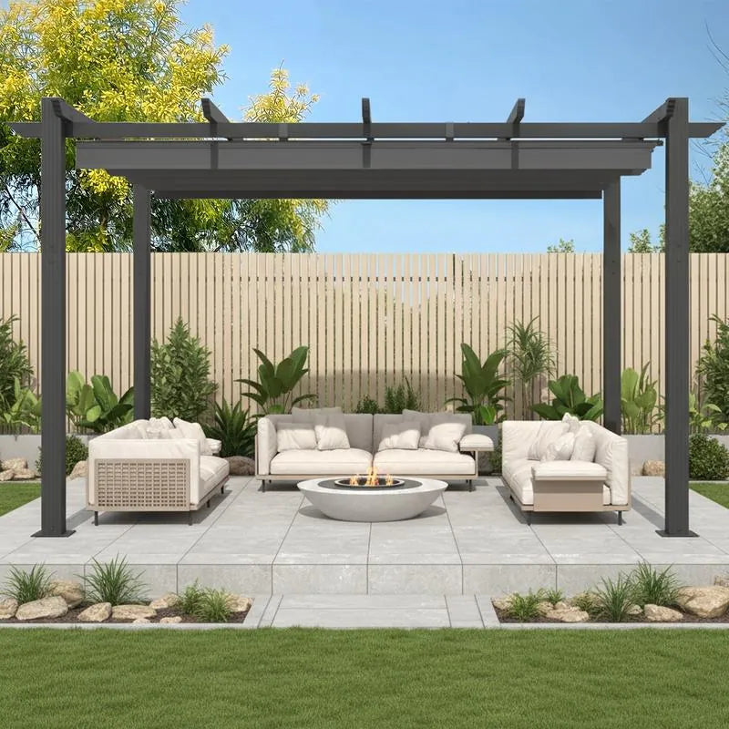Outdoor Pergola with Retractable Canopy, Heavy-Duty Metal Frame and Adjustable Patio Shade Roof