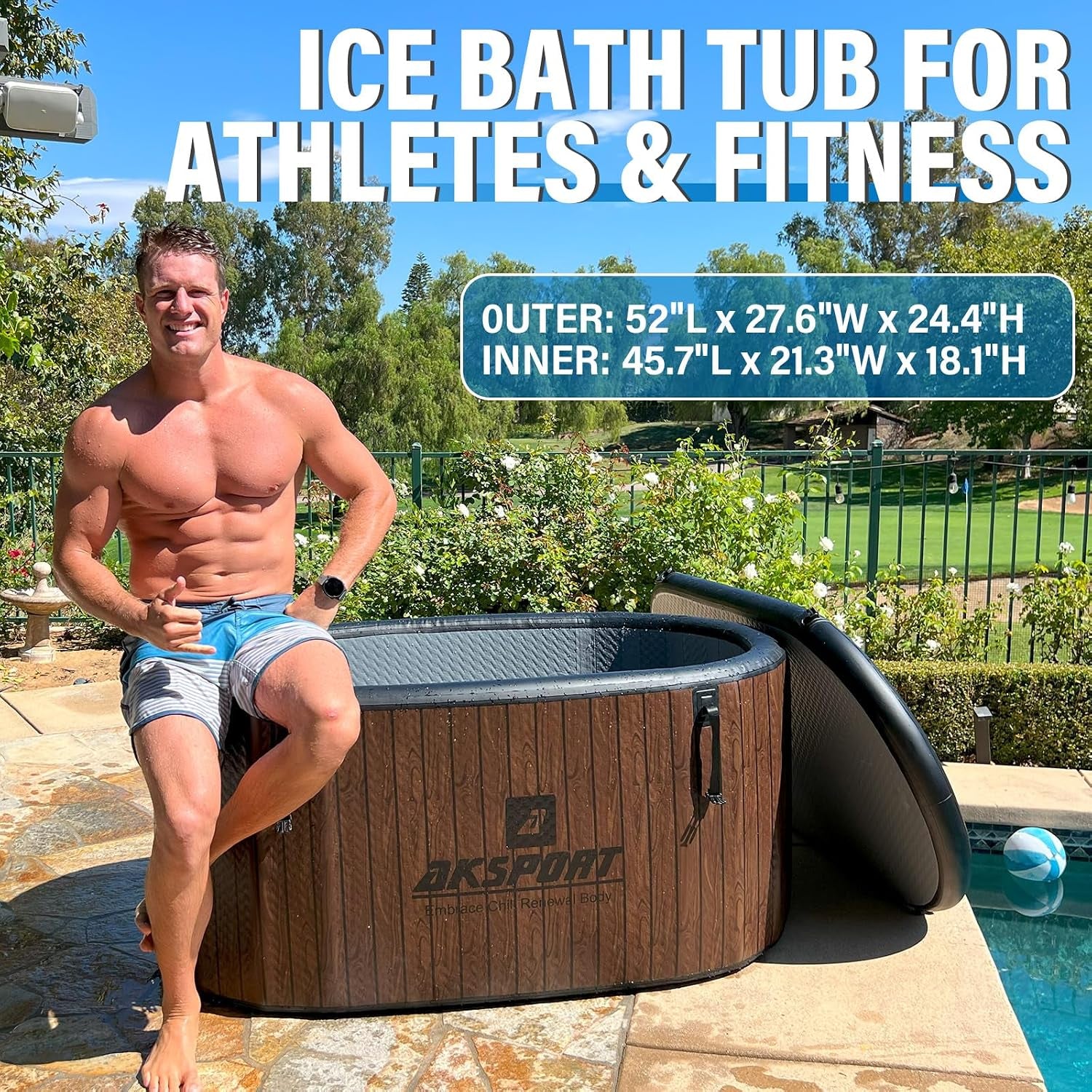 Ice Bath Tub for Athletes, 151 Gallons Inflatable Cold Plunge Tub Compatible with Water Chillers, Icebath for Recovery & Cold Water Therapy, Portable Bathtub for Indoor & Outdoor-Wood