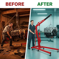 2 Ton Hydraulic Engine Hoist Cherry Picker, 4400LBS, Cherry | No Lever, Foldable, with 6 Casters and Telescopic Boom, Heavy Duty Engine Lift for Garage, Workshop, Automotive Repair — Before & After