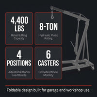 2 Ton Hydraulic Engine Hoist Cherry Picker, 4400LBS, Cherry | No Lever, Foldable, with 6 Casters and Telescopic Boom, Heavy Duty Engine Lift for Garage, Workshop, Automotive Repair — Results & Stats