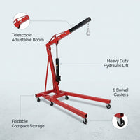 2 Ton Hydraulic Engine Hoist Cherry Picker, 4400LBS, Cherry | No Lever, Foldable, with 6 Casters and Telescopic Boom, Heavy Duty Engine Lift for Garage, Workshop, Automotive Repair — infographic