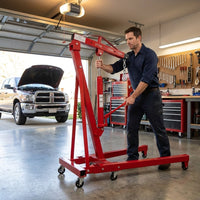2 Ton Hydraulic Engine Hoist Cherry Picker, 4400LBS, Cherry | No Lever, Foldable, with 6 Casters and Telescopic Boom, Heavy Duty Engine Lift for Garage, Workshop, Automotive Repair — Lifestyle