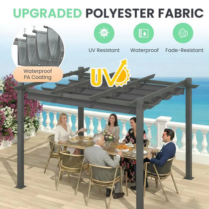 Outdoor Pergola with Retractable Canopy, Heavy-Duty Metal Frame and Adjustable Patio Shade Roof