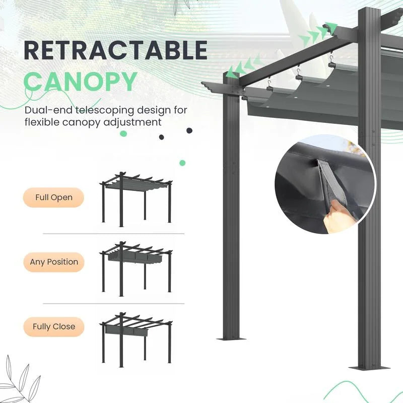 Outdoor Pergola with Retractable Canopy, Heavy-Duty Metal Frame and Adjustable Patio Shade Roof