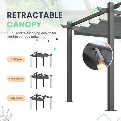Outdoor Pergola with Retractable Canopy, Heavy-Duty Metal Frame and Adjustable Patio Shade Roof