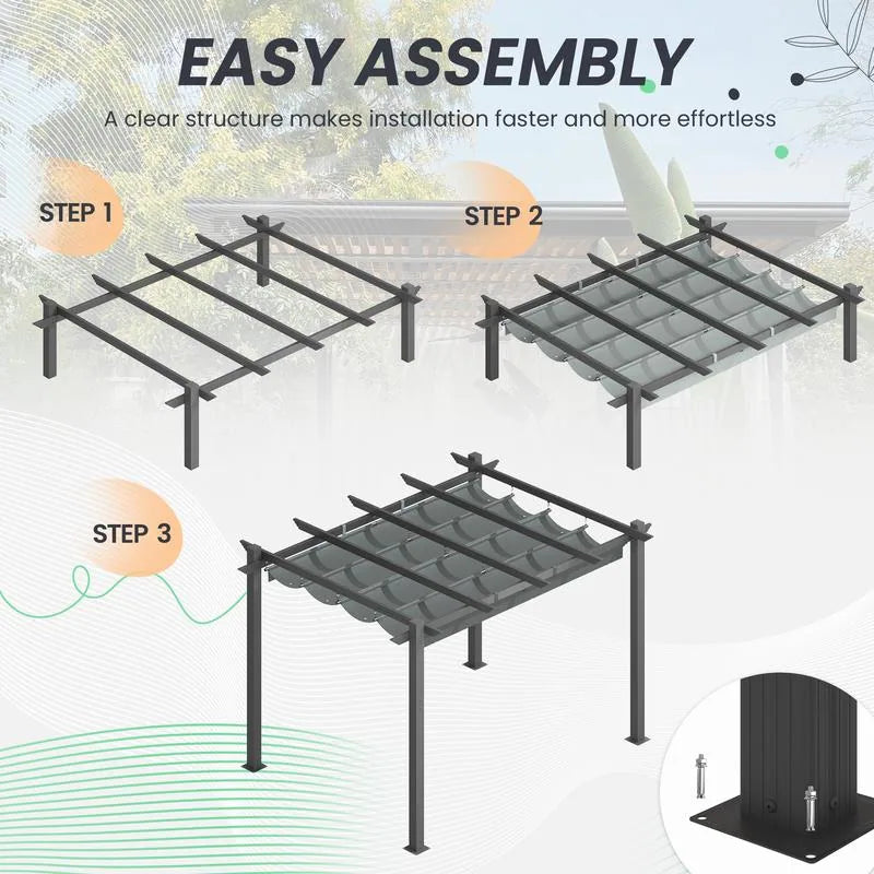 Outdoor Pergola with Retractable Canopy, Heavy-Duty Metal Frame and Adjustable Patio Shade Roof