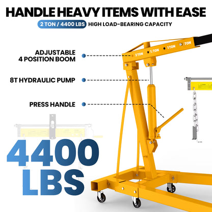 Yellow Hydraulic Folding Engine Hoist with Lever, 2 Ton/4400 LBS Load Capacity, Cherry Picker Shop Crane with 360° Casters & Telescoping Boom, Engine Crane with Leveler for Engine Lifting