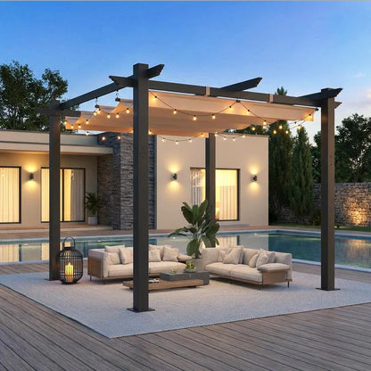 Outdoor Pergola with Retractable Canopy, Heavy-Duty Metal Frame and Adjustable Patio Shade Roof