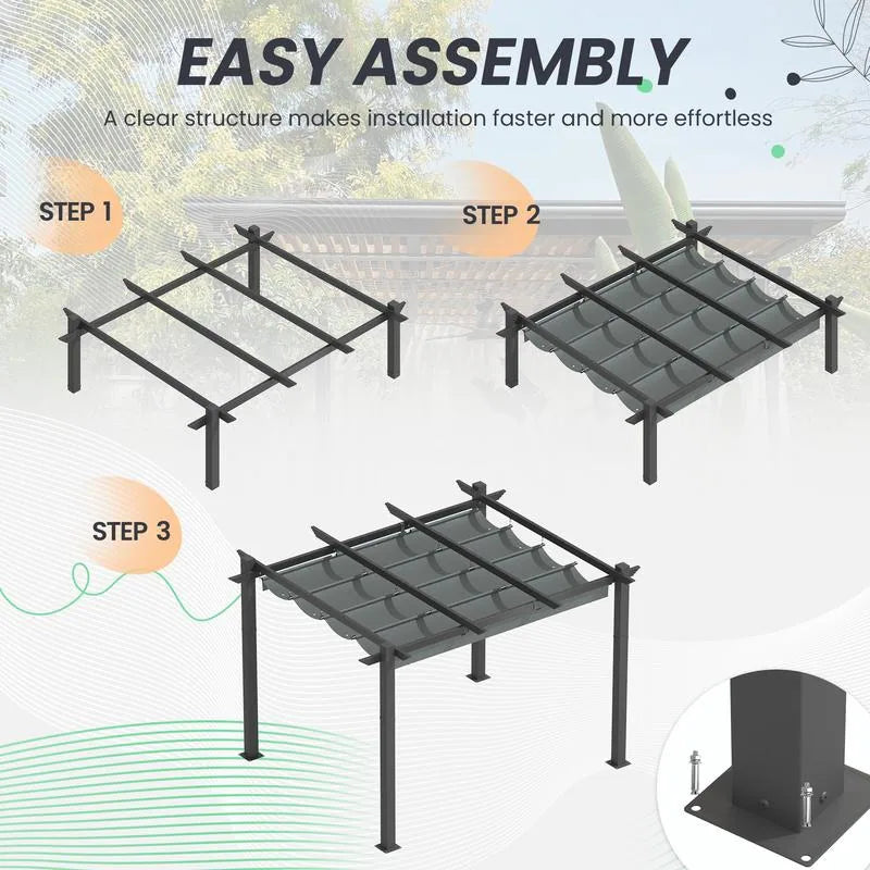 Outdoor Pergola with Retractable Canopy, Heavy-Duty Metal Frame and Adjustable Patio Shade Roof