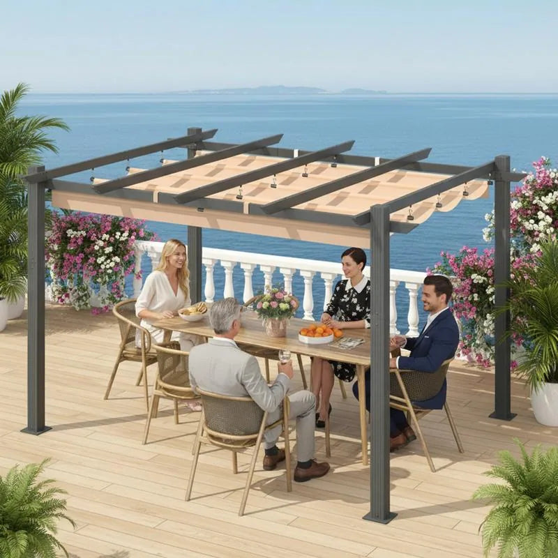 Outdoor Pergola with Retractable Canopy, Heavy-Duty Metal Frame and Adjustable Patio Shade Roof