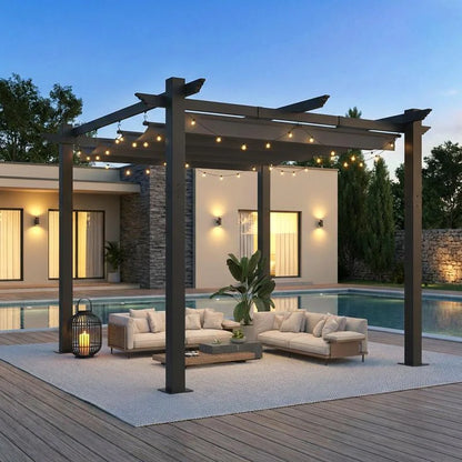 Outdoor Pergola with Retractable Canopy, Heavy-Duty Metal Frame and Adjustable Patio Shade Roof