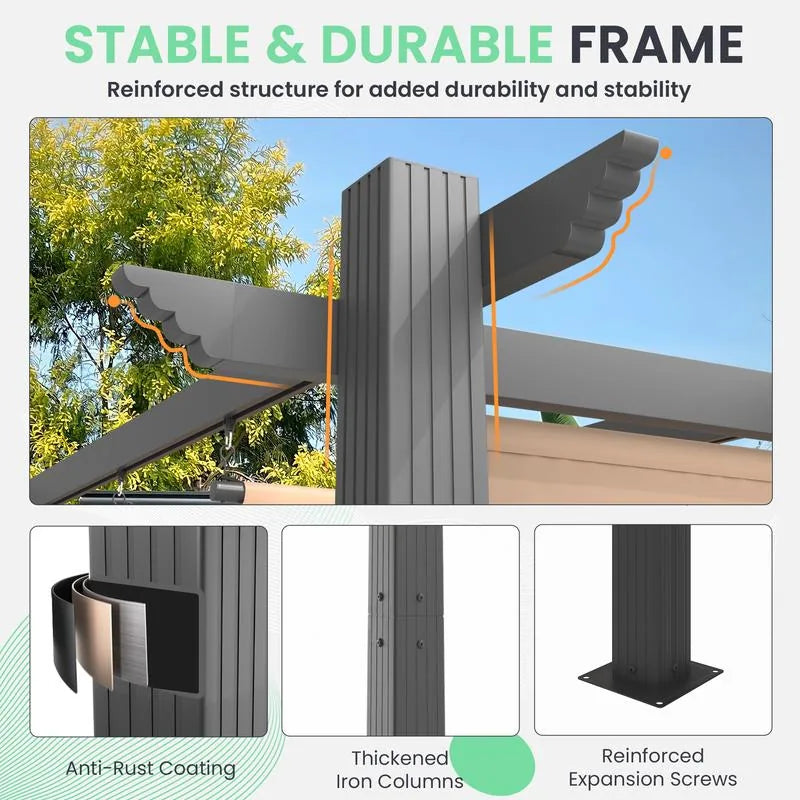 Outdoor Pergola with Retractable Canopy, Heavy-Duty Metal Frame and Adjustable Patio Shade Roof