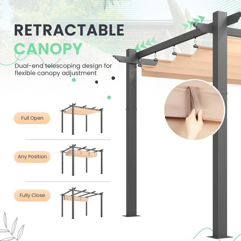 Outdoor Pergola with Retractable Canopy, Heavy-Duty Metal Frame and Adjustable Patio Shade Roof