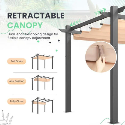 Outdoor Pergola with Retractable Canopy, Heavy-Duty Metal Frame and Adjustable Patio Shade Roof