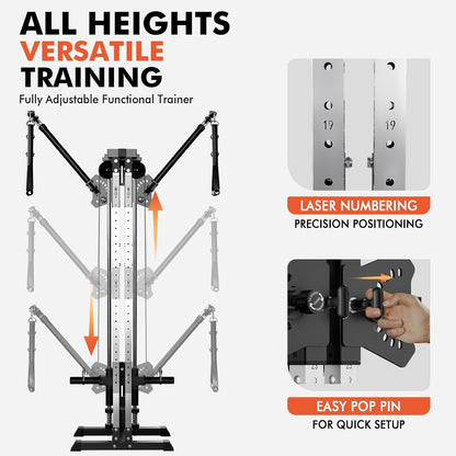 Cable Machine Home Gym, Wall Mounted Cable Machine with Dual Swivel Arms and 22 Adjustable Positions, All-In-One Cable Crossover Machine for Home Gym, Black