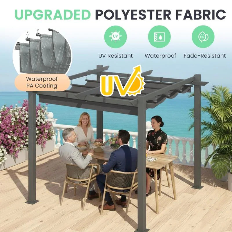 Outdoor Pergola with Retractable Canopy, Heavy-Duty Metal Frame and Adjustable Patio Shade Roof