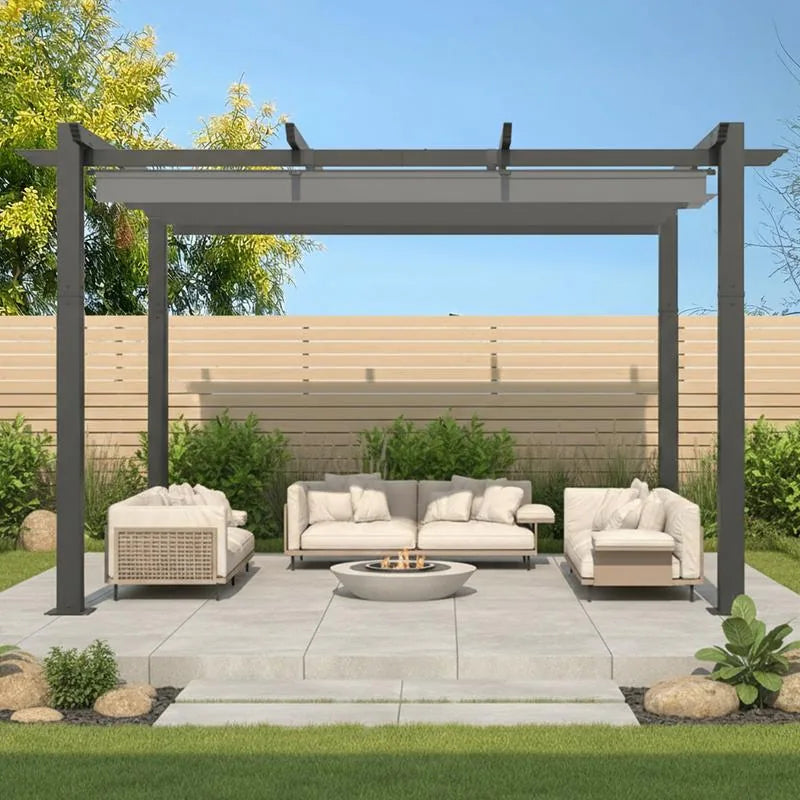 Outdoor Pergola with Retractable Canopy, Heavy-Duty Metal Frame and Adjustable Patio Shade Roof
