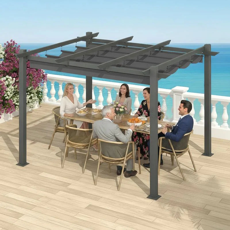 Outdoor Pergola with Retractable Canopy, Heavy-Duty Metal Frame and Adjustable Patio Shade Roof