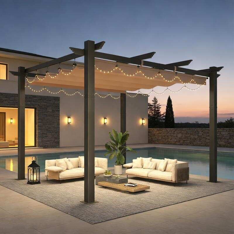 Outdoor Pergola with Retractable Canopy, Heavy-Duty Metal Frame and Adjustable Patio Shade Roof