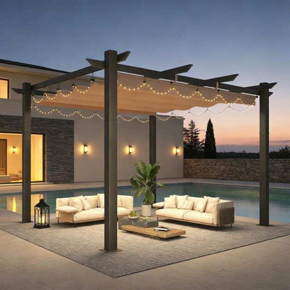 Outdoor Pergola with Retractable Canopy, Heavy-Duty Metal Frame and Adjustable Patio Shade Roof