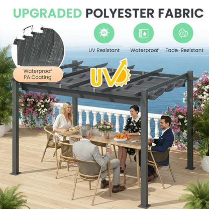 Outdoor Pergola with Retractable Canopy, Heavy-Duty Metal Frame and Adjustable Patio Shade Roof