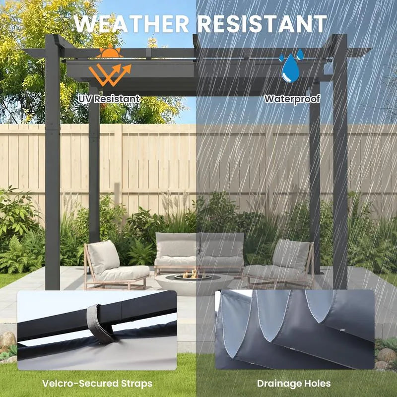 Outdoor Pergola with Retractable Canopy, Heavy-Duty Metal Frame and Adjustable Patio Shade Roof
