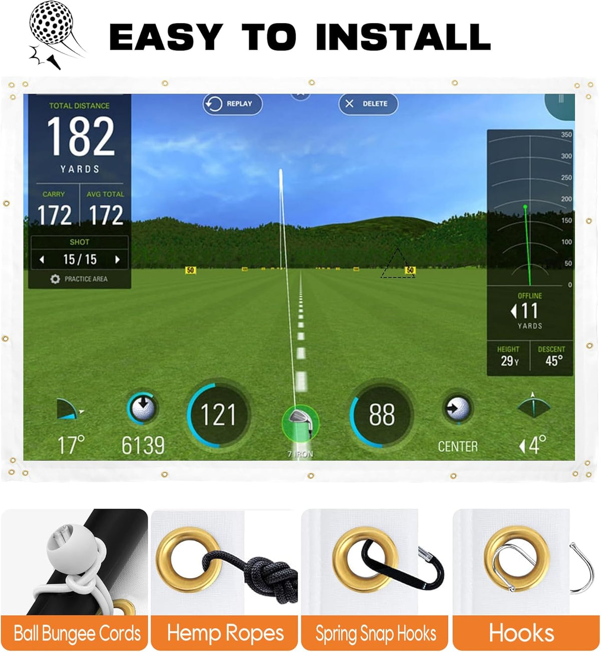 Golf Simulator Impact Screen, 4Mm Thick HD Golf Impact Screen for Indoor Outdoor Practice, Reinforced Grommets for Extended Lifespan, Quiet Impact Polyester Mesh Fabric, Storage Bag Included