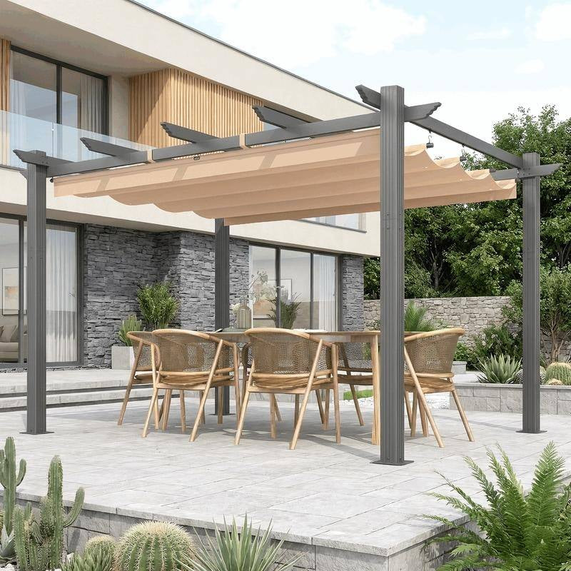Outdoor Pergola with Retractable Canopy, Heavy-Duty Metal Frame and Adjustable Patio Shade Roof