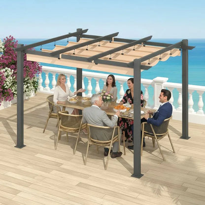 Outdoor Pergola with Retractable Canopy, Heavy-Duty Metal Frame and Adjustable Patio Shade Roof