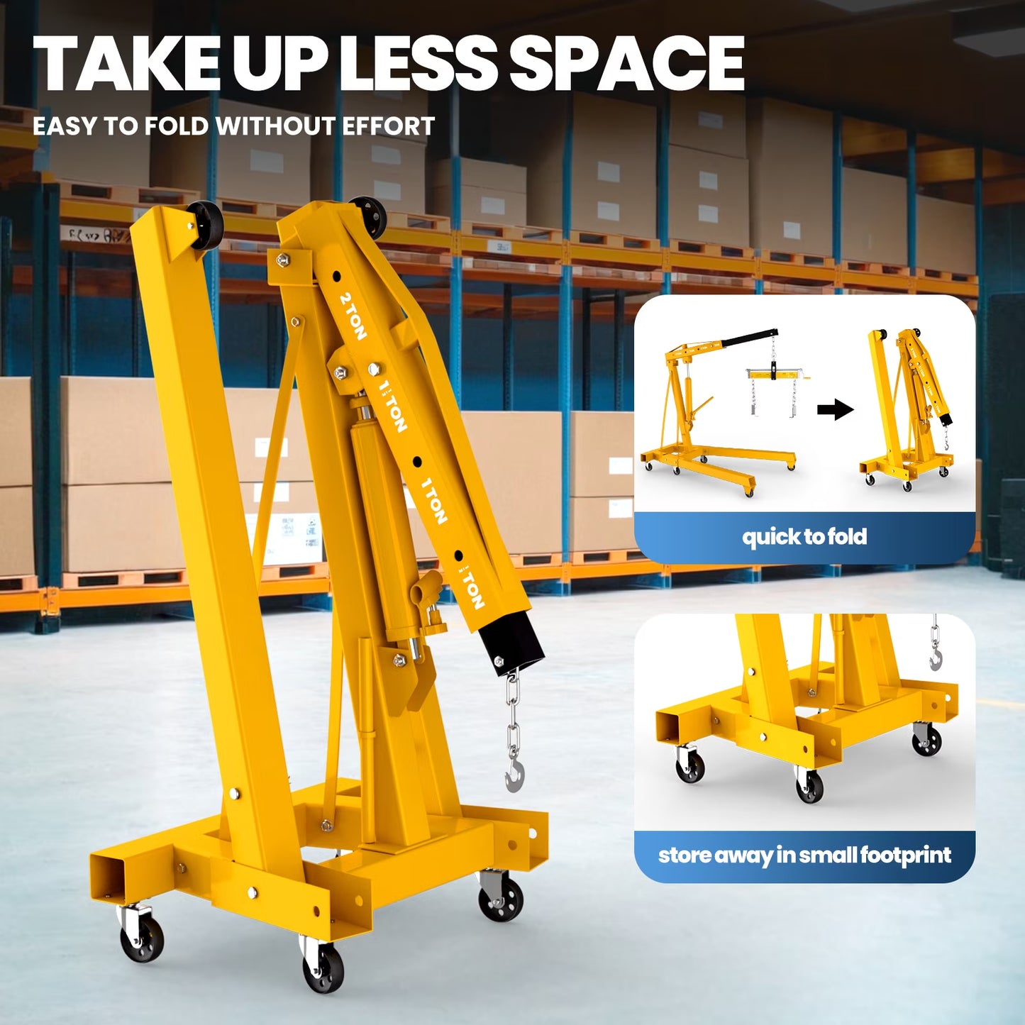 Yellow Hydraulic Folding Engine Hoist with Lever, 2 Ton/4400 LBS Load Capacity, Cherry Picker Shop Crane with 360° Casters & Telescoping Boom, Engine Crane with Leveler for Engine Lifting