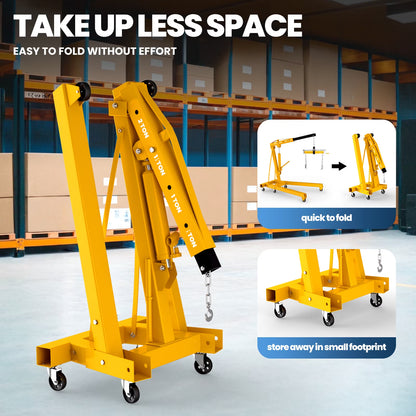 Yellow Hydraulic Folding Engine Hoist with Lever, 2 Ton/4400 LBS Load Capacity, Cherry Picker Shop Crane with 360° Casters & Telescoping Boom, Engine Crane with Leveler for Engine Lifting