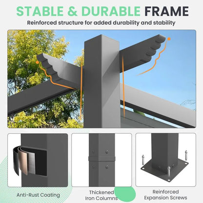 Outdoor Pergola with Retractable Canopy, Heavy-Duty Metal Frame and Adjustable Patio Shade Roof