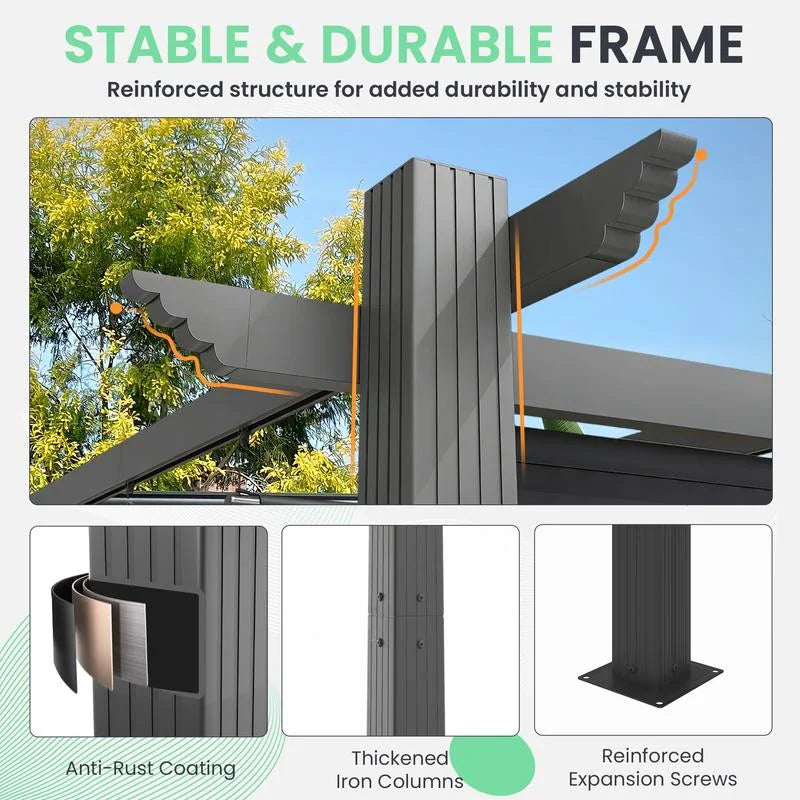 Outdoor Pergola with Retractable Canopy, Heavy-Duty Metal Frame and Adjustable Patio Shade Roof