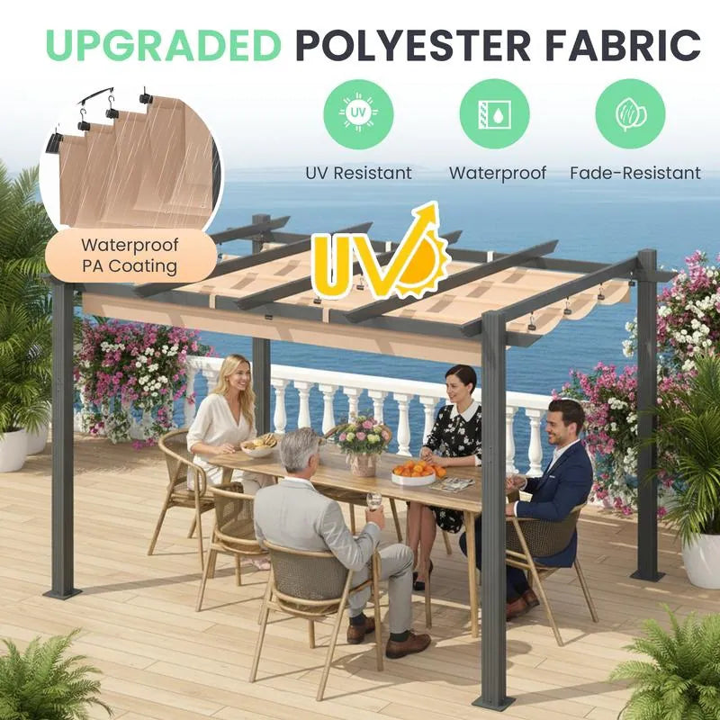 Outdoor Pergola with Retractable Canopy, Heavy-Duty Metal Frame and Adjustable Patio Shade Roof