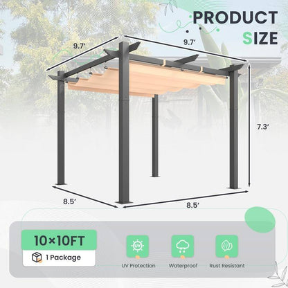 Outdoor Pergola with Retractable Canopy, Heavy-Duty Metal Frame and Adjustable Patio Shade Roof