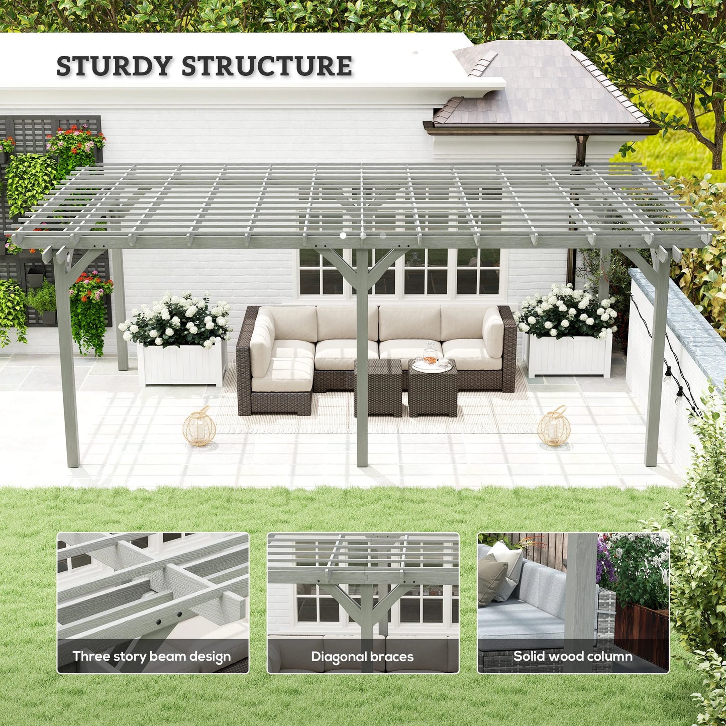 12' X 20' Wooden Pergola Grape Trellis, Outdoor Gazebo for Garden, Patio, Backyard, Deck, Gray