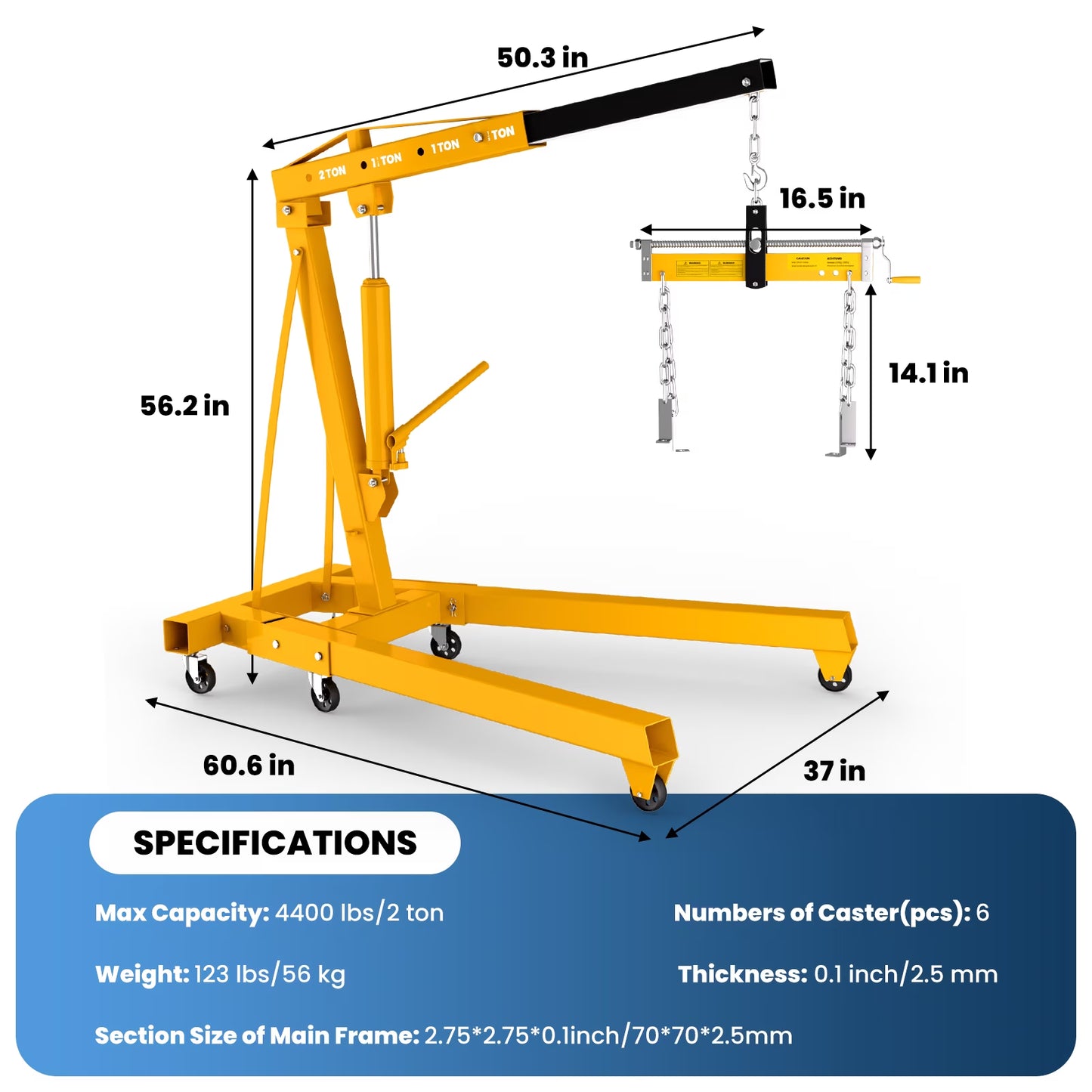 Yellow Hydraulic Folding Engine Hoist with Lever, 2 Ton/4400 LBS Load Capacity, Cherry Picker Shop Crane with 360° Casters & Telescoping Boom, Engine Crane with Leveler for Engine Lifting