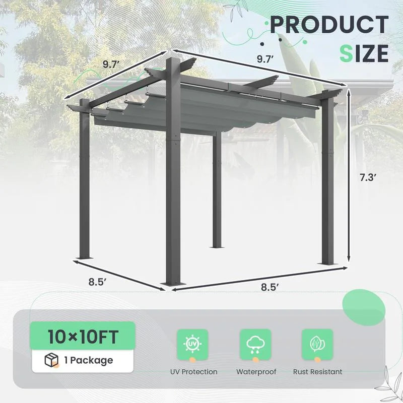 Outdoor Pergola with Retractable Canopy, Heavy-Duty Metal Frame and Adjustable Patio Shade Roof