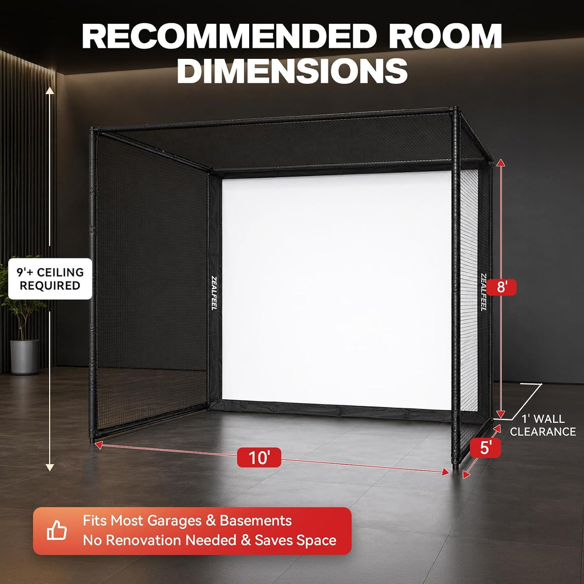 Golf Simulator Enclosure, 10 X 8 Ft/12 X 9 Ft, HD Impact Screen