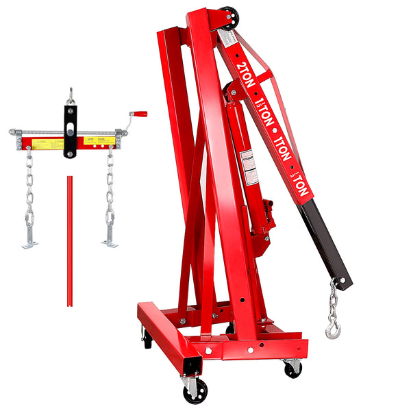 Yellow Hydraulic Folding Engine Hoist with Lever, 2 Ton/4400 LBS Load Capacity, Cherry Picker Shop Crane with 360° Casters & Telescoping Boom, Engine Crane with Leveler for Engine Lifting