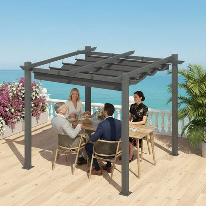 Outdoor Pergola with Retractable Canopy, Heavy-Duty Metal Frame and Adjustable Patio Shade Roof