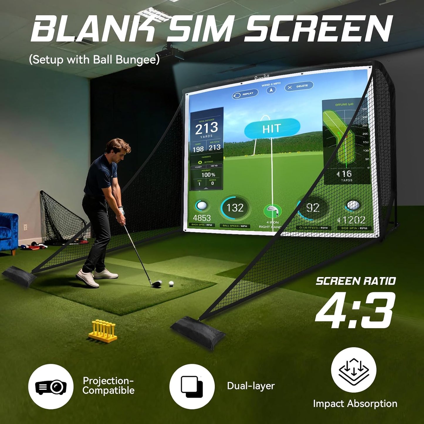 Golf Hitting Net Simulator Enclosure, 10 X 8Ft or 10 X 7Ft for Practice
