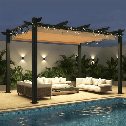 Outdoor Pergola with Retractable Canopy, Heavy-Duty Metal Frame and Adjustable Patio Shade Roof