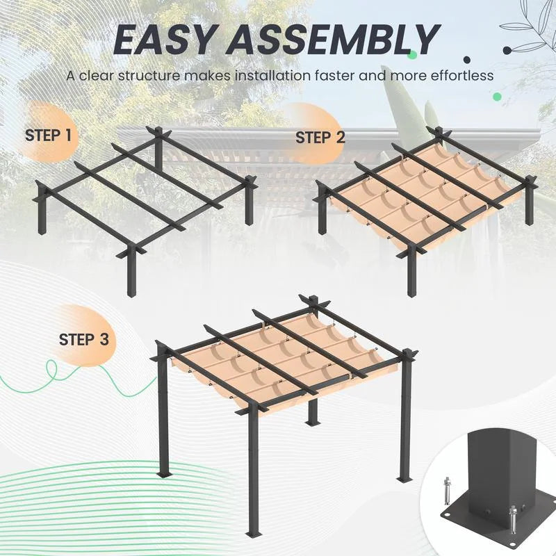 Outdoor Pergola with Retractable Canopy, Heavy-Duty Metal Frame and Adjustable Patio Shade Roof